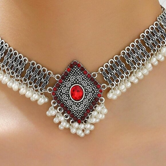 🆕 Women Red Traditional Necklace Dangling Jhumkas Perfect Indian Jewelry Gift - Picture 5 of 7